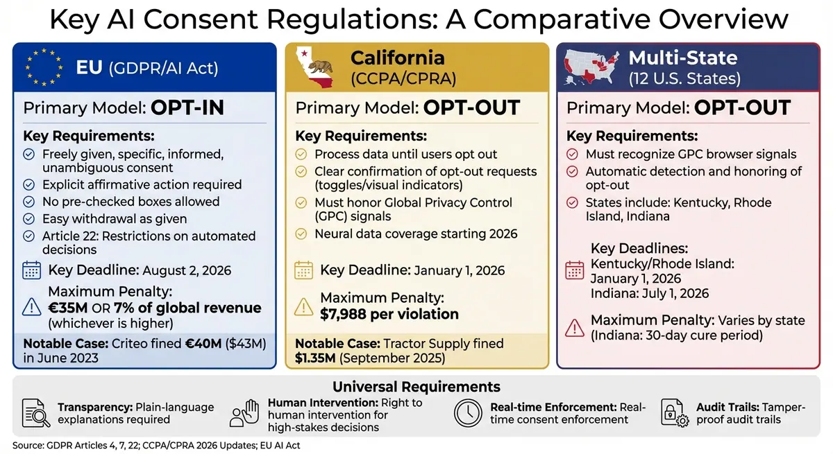 AI Consent Management Regulations Comparison: GDPR, CCPA, and EU AI Act Requirements
