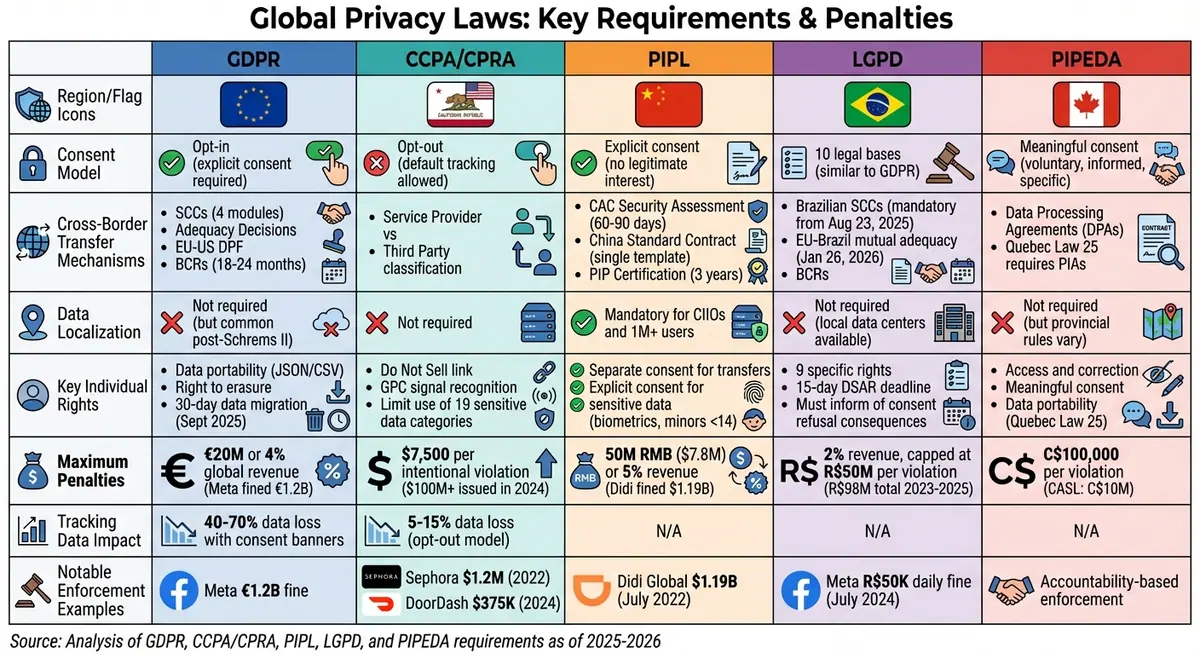 Global Privacy Laws Comparison: GDPR, CCPA, PIPL, LGPD, and PIPEDA Requirements