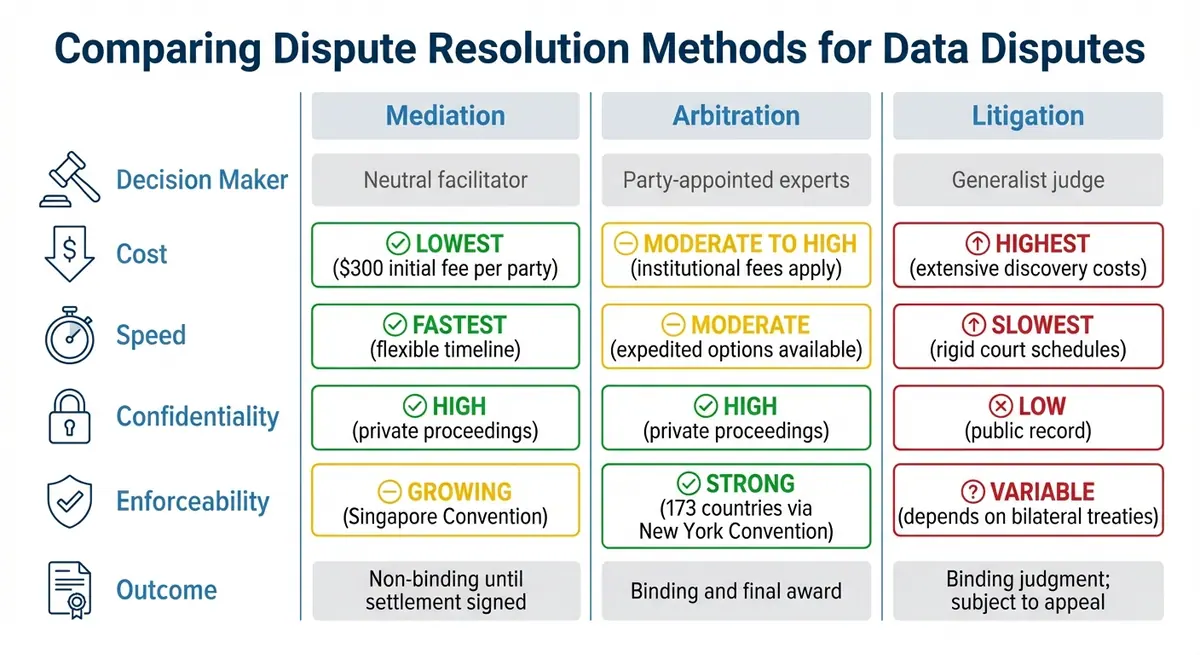 Mediation vs Arbitration vs Litigation for Cross-Border Data Disputes