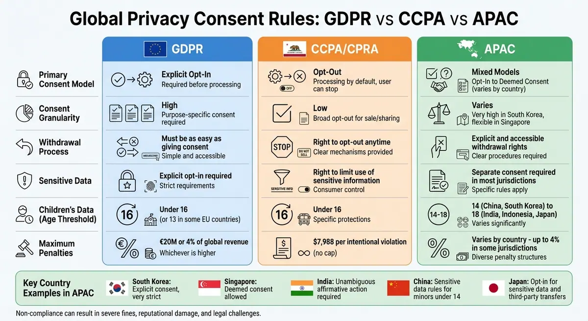 GDPR vs CCPA vs APAC Privacy Consent Requirements Comparison Chart