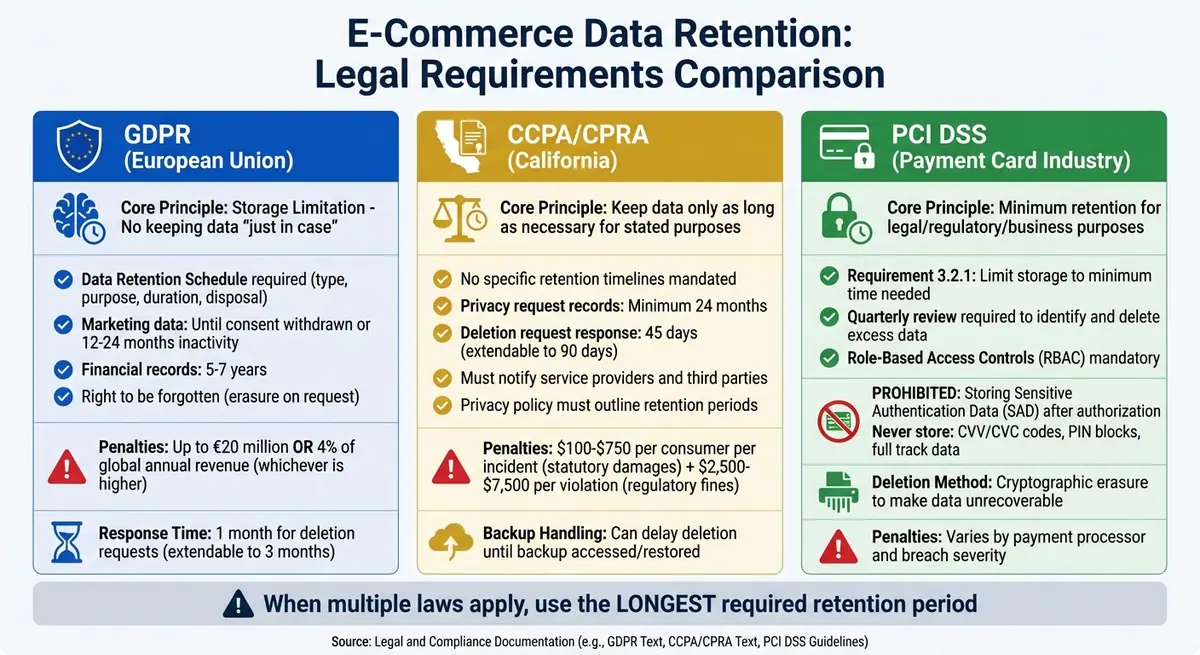 E-Commerce Data Retention Requirements: GDPR vs CCPA vs PCI DSS Compliance Guide