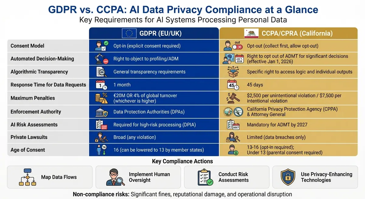 GDPR vs CCPA AI Compliance Requirements Comparison