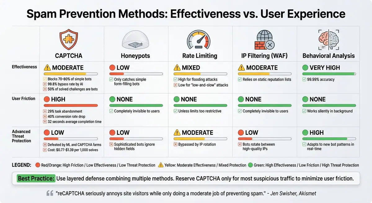 CAPTCHA vs Alternative Spam Prevention Methods Comparison