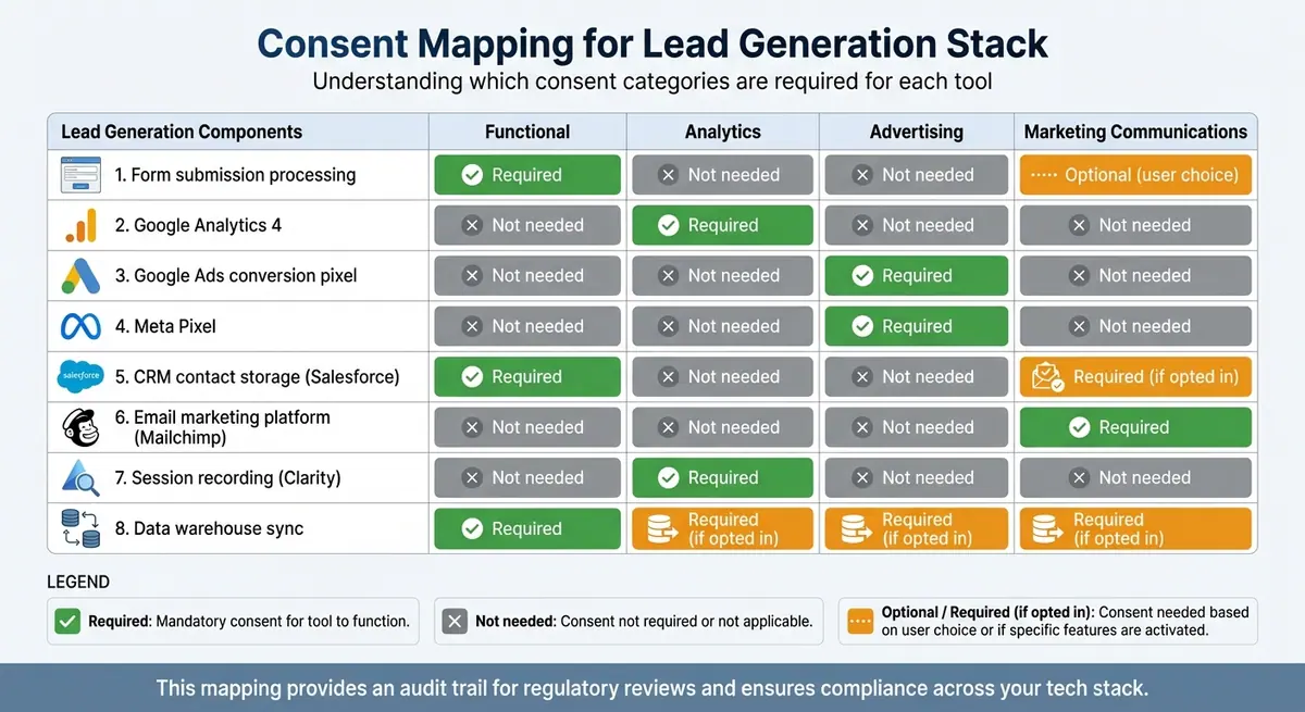 Consent Mapping Table: Lead Generation Tools and Required Consent Categories