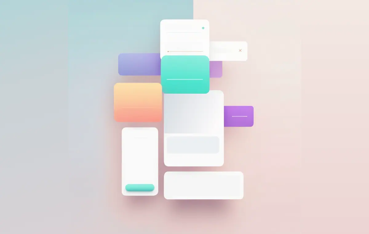 A minimalist design featuring a sleek, digital interface with drag and drop elements like forms, elements being moved around, with a clean color palette.