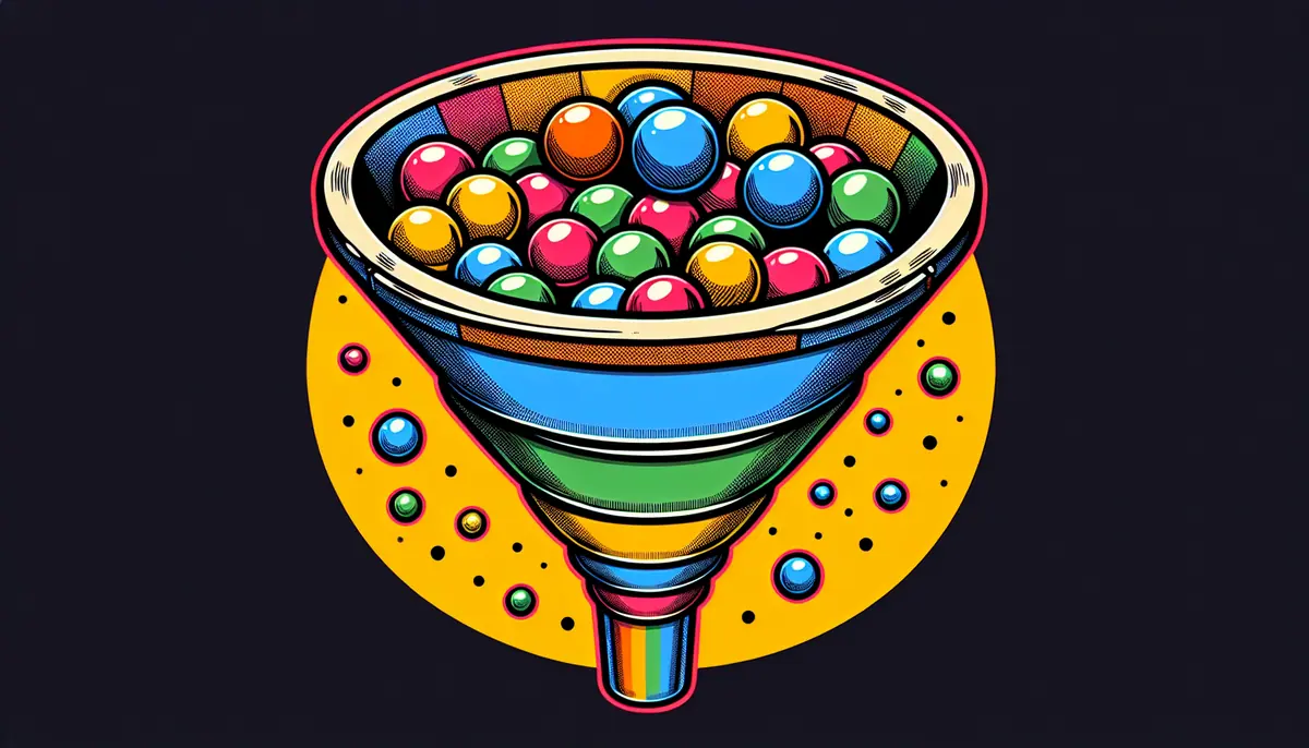 Illustration of a lead qualification funnel filtering different colored leads