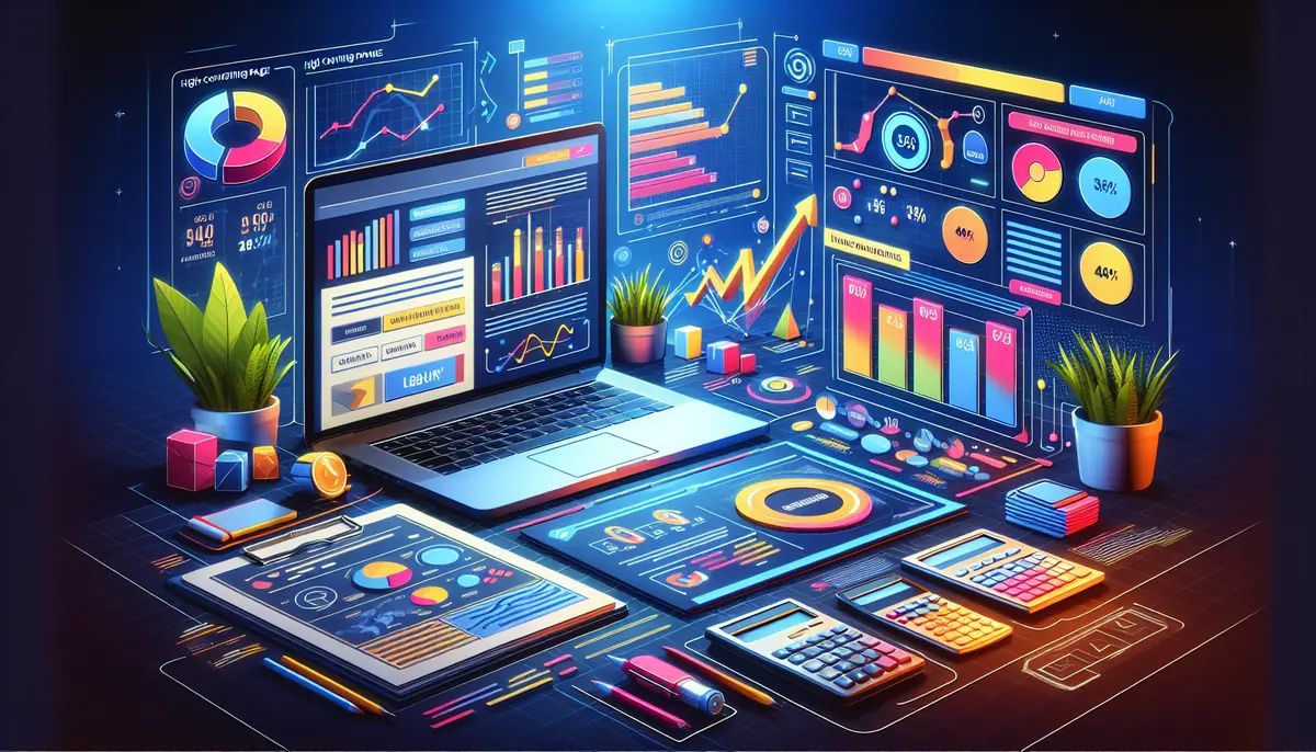 Illustration depicting a high-converting landing page setup with forms and analytics for optimal user engagement.
