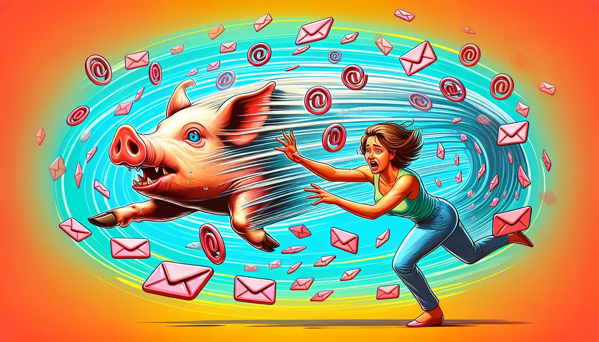 A cartoon depicting the struggle of capturing emails, with a character trying to catch a greased pig amidst floating email icons.