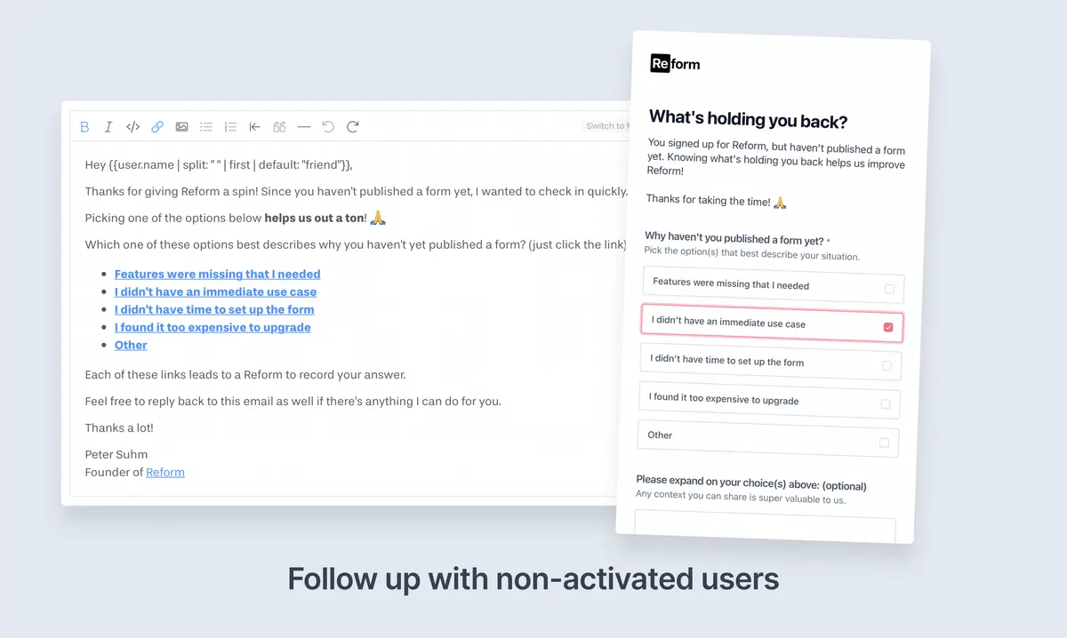 Screenshot of the email Reform sends to people who never publish a form