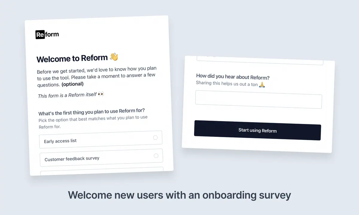 Screenshots showing Reform's onboarding survey