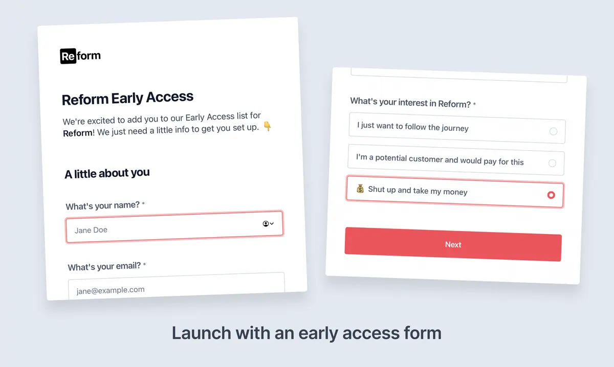 Screenshot of Reform's early access form