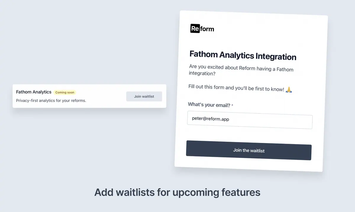 Screenshot of the Fathom Analytics integration waitlist in Reform