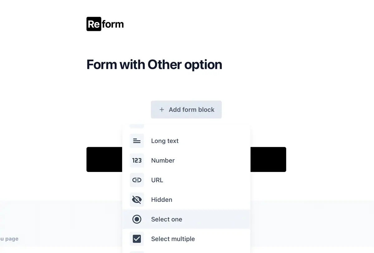 Screenshot of the block selector in Reform with "Select one" selected.