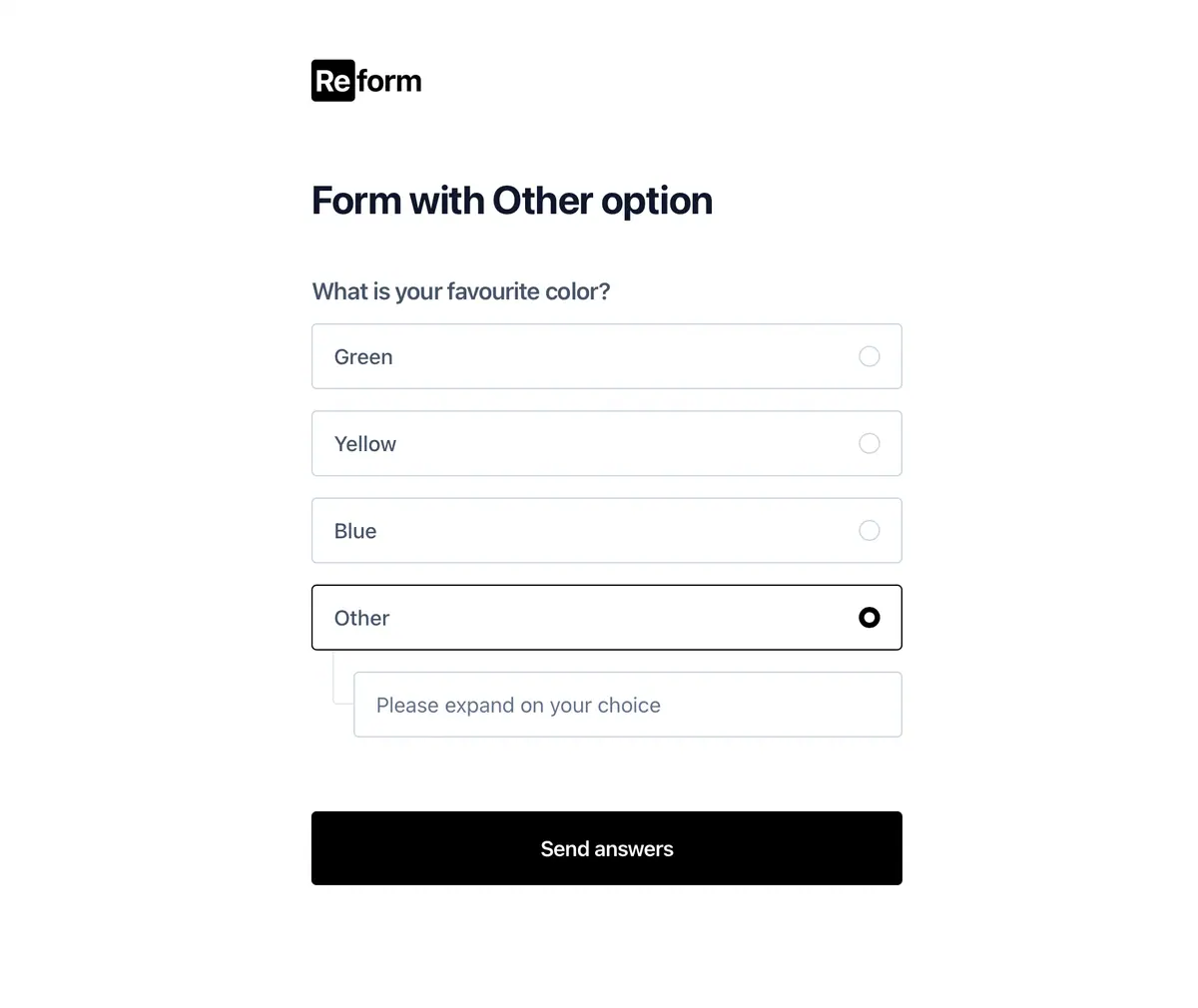 Screenshot showing a Reform form with "Other" selected on a multiple choice question.