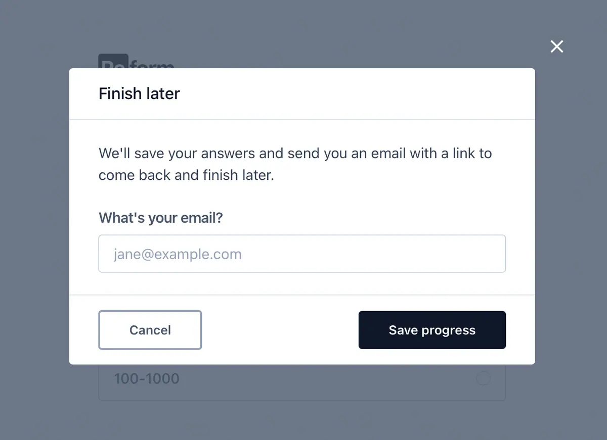 Screenshot of Reform's "save progress" feature