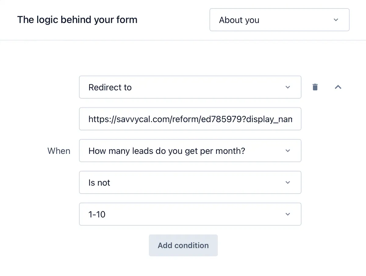 Screenshot of the conditional logic builder in Reform