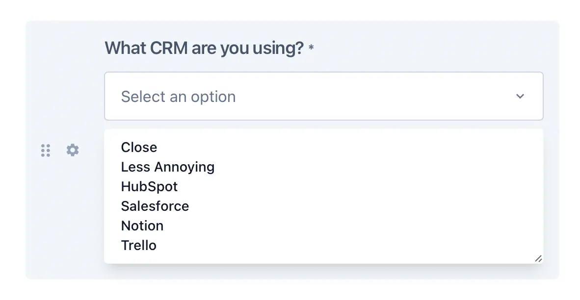 Screenshot of a dropdown block type in Reform's form builder