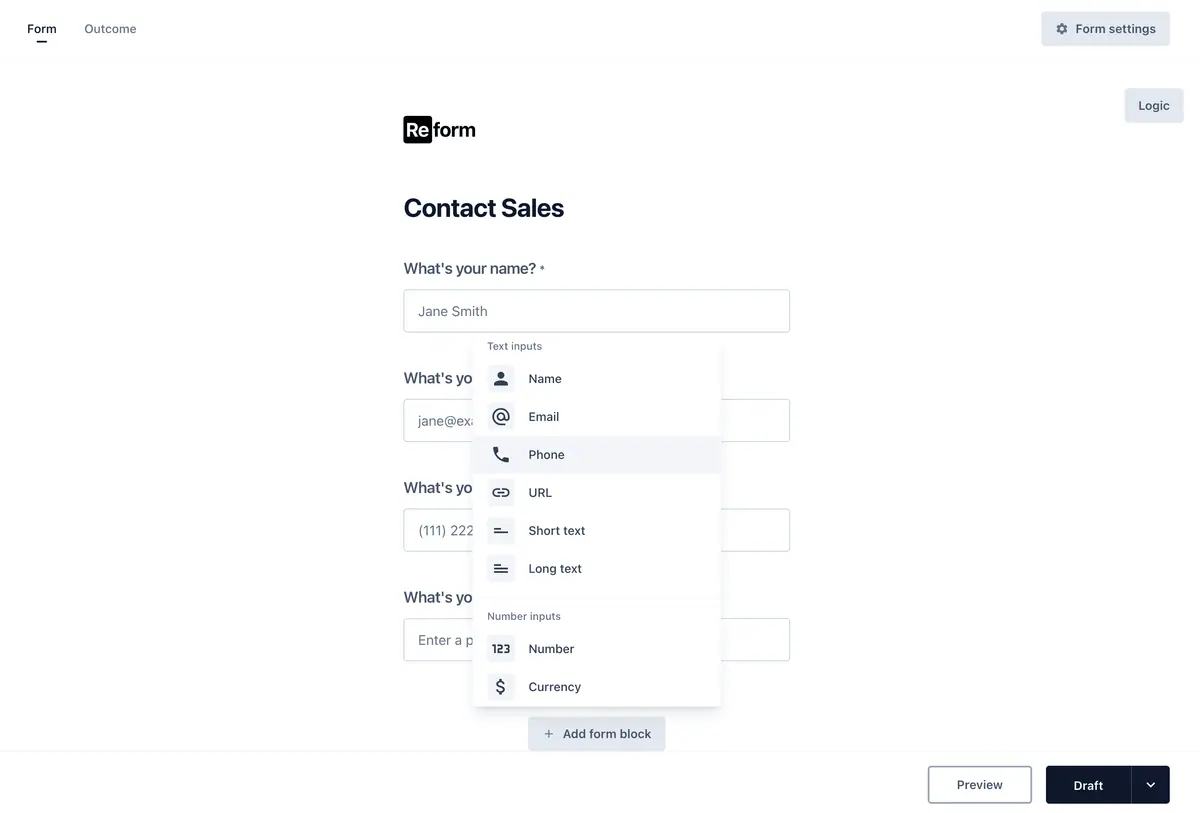 Screenshot of the Reform form builder showing a Sales Form being built.