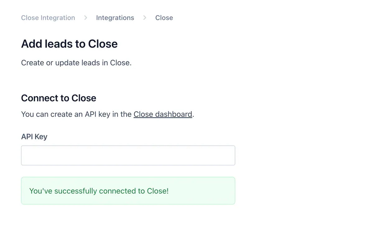 Screenshot of the Close integration settings page in Reform where the interface is asking the user to paste an API key from their Close account.