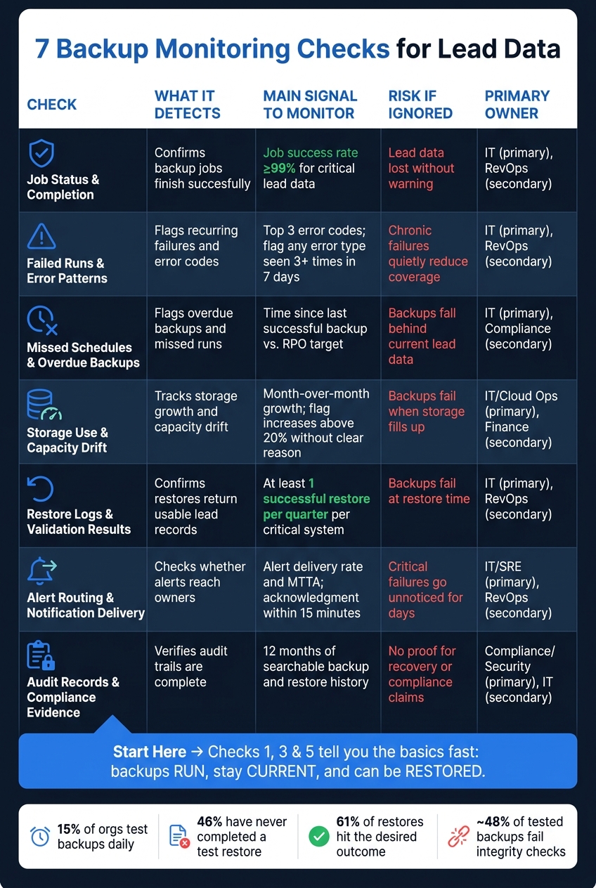 7 Backup Monitoring Checks for Lead Data: At-a-Glance Guide