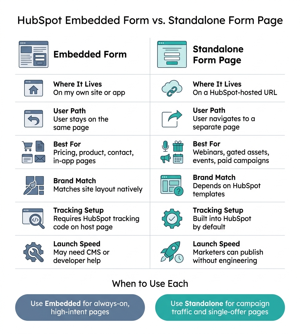 HubSpot Embedded Form vs Standalone Form Page: Side-by-Side Comparison