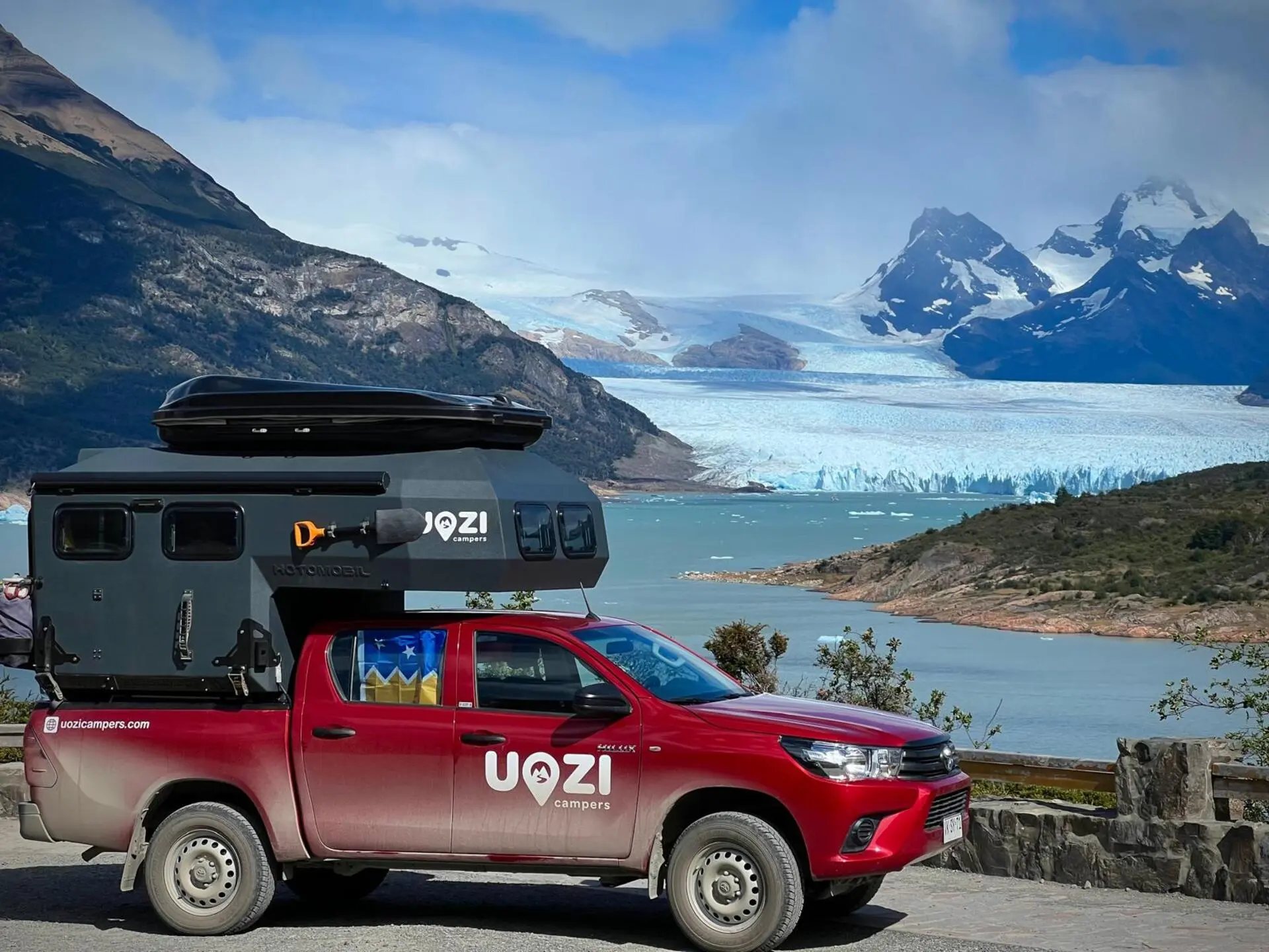 Uozi camper beside a glacial lake in Patagonia