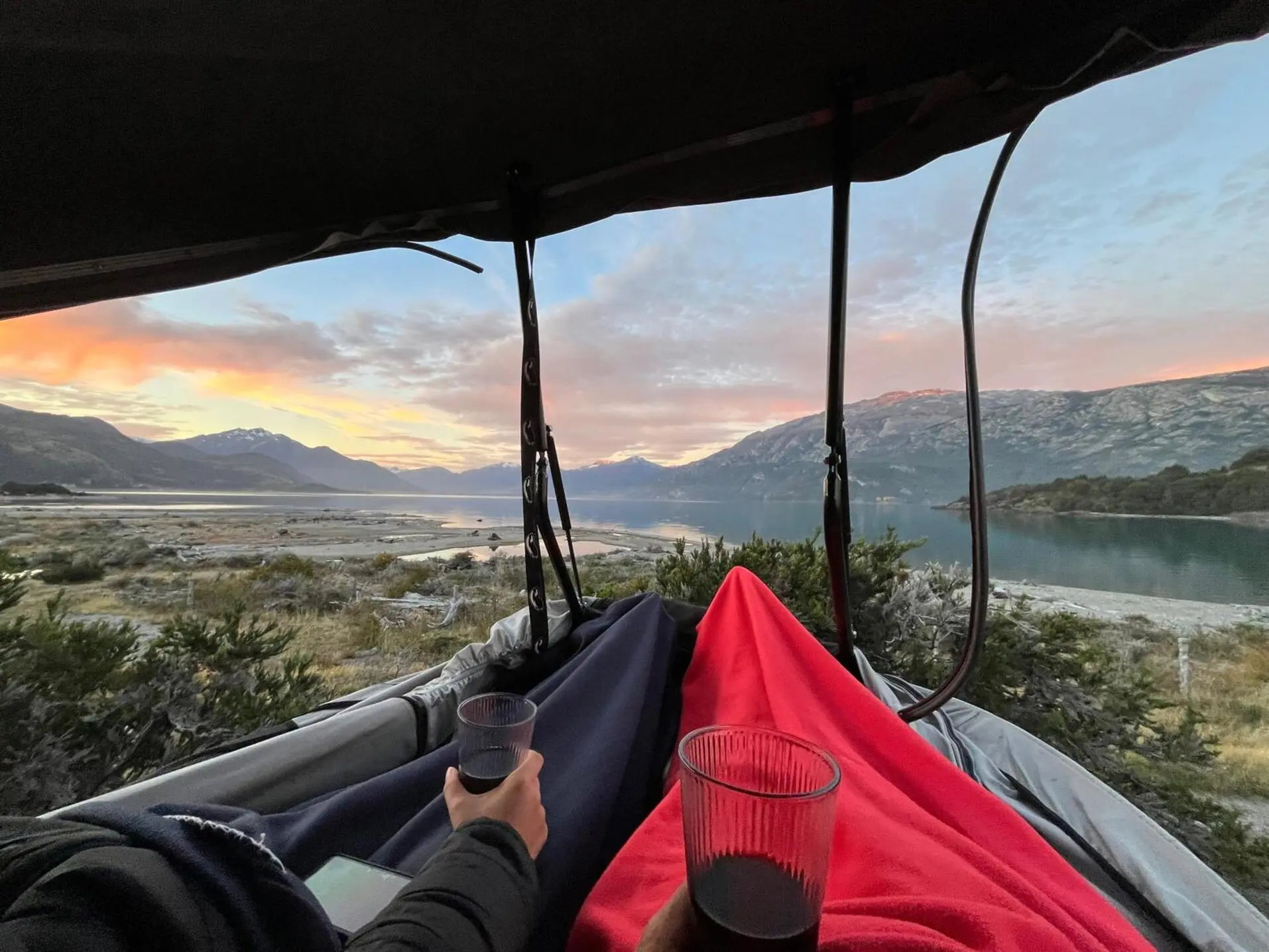 View from a Uozi camper awning over a Patagonian lake