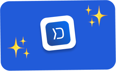 White tilted square with blue background and a stylized right arrow symbol, surrounded by sparkling stars.