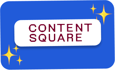 White rounded rectangle with the text 'CONTENT SQUARE' in maroon on a blue background with yellow sparkle icons.