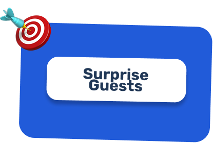 Blue rectangular card with a white label reading 'Surprise Guests' and a red and white target with a blue dart on the top left corner.