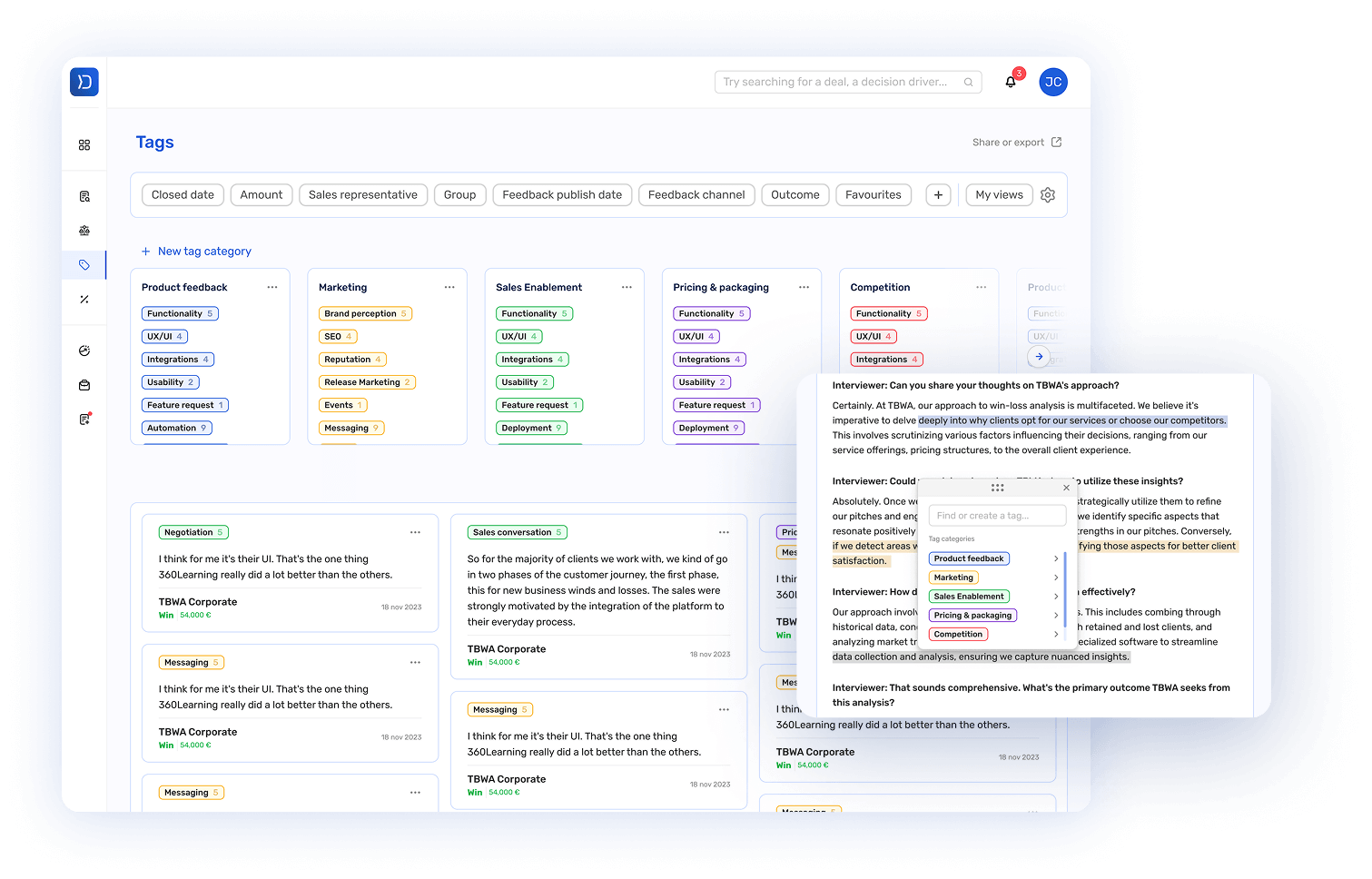 Dashboard interface displaying categorized tags for product feedback, marketing, sales enablement, pricing & packaging, and competition, alongside a popup with an interview transcript discussing TBWA's win-loss analysis approach.