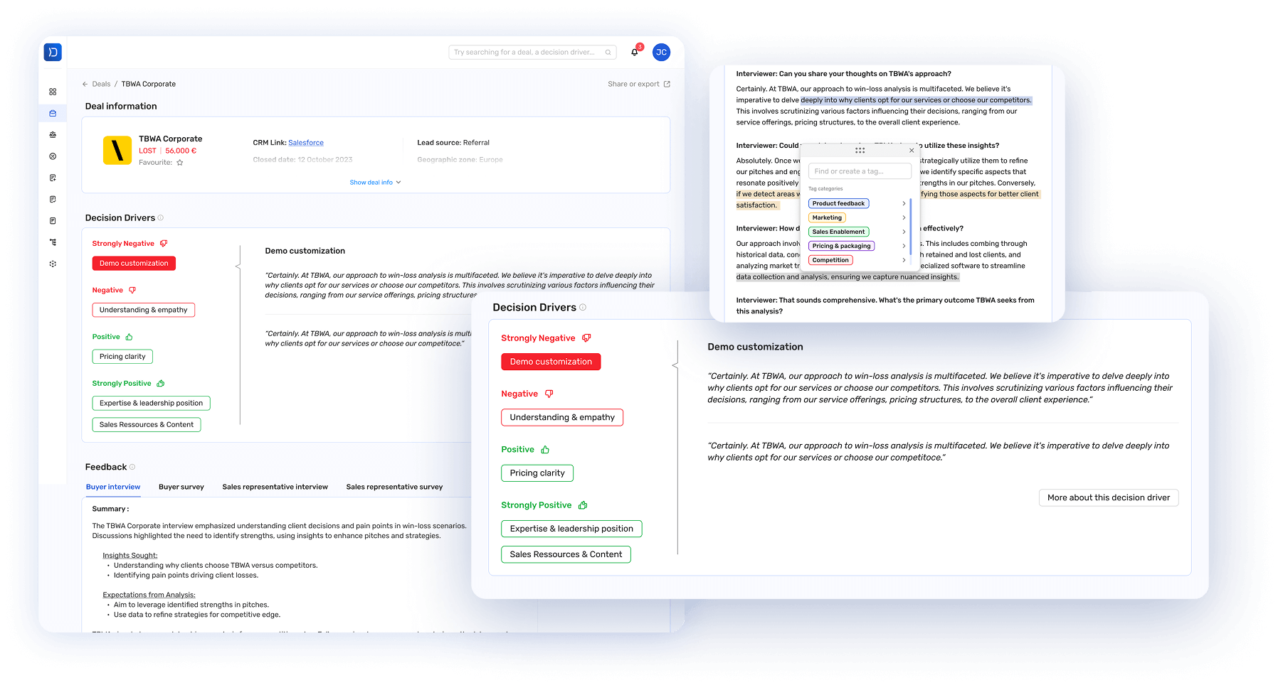 Screenshot of a deal information dashboard for TBWA Corporate showing deal status, decision drivers categorized by sentiment, and feedback sections including buyer interview and survey summaries.