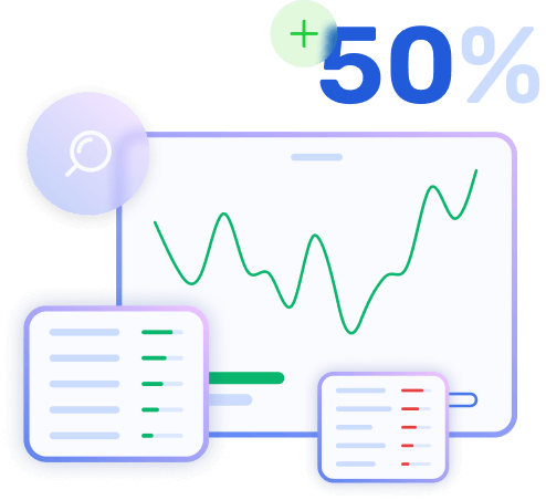 Illustration of a digital dashboard with a rising line graph, a magnifying glass icon, two data tables, and a blue '+50%' symbol above.