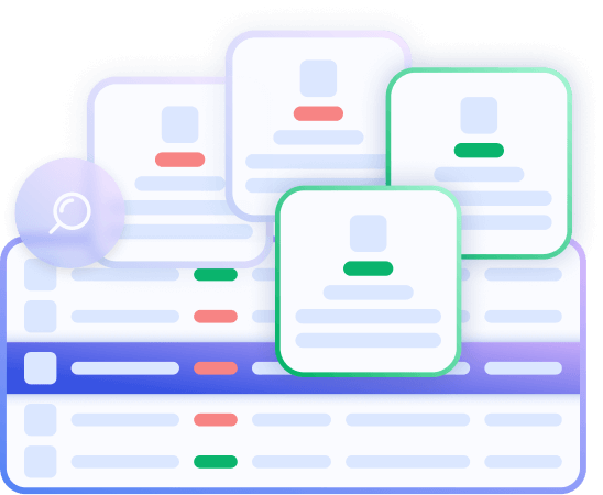 Abstract illustration of a digital interface with layered cards and text blocks highlighted in green and red, representing filtering or search results.