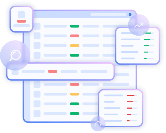 Illustration of a digital dashboard with data tables, status indicators in red, yellow, green, and icons for search, analytics, and performance.