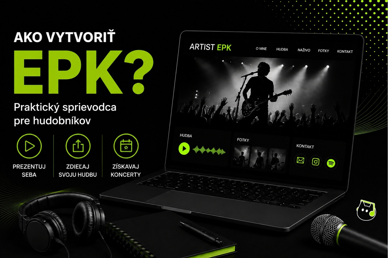 Propagačná grafika k sprievodcovi tvorbou profesionálneho EPK (Electronic Press Kit) pre hudobníkov. Na tmavom pozadí je notebook s ukážkovou webovou stránkou umelca obsahujúcou hudbu, fotografie a kontaktné údaje. Vedľa sa nachádzajú slúchadlá, mikrofón a zápisník. Hlavný text grafiky znie: „Ako vytvoriť EPK? Praktický sprievodca pre hudobníkov“.