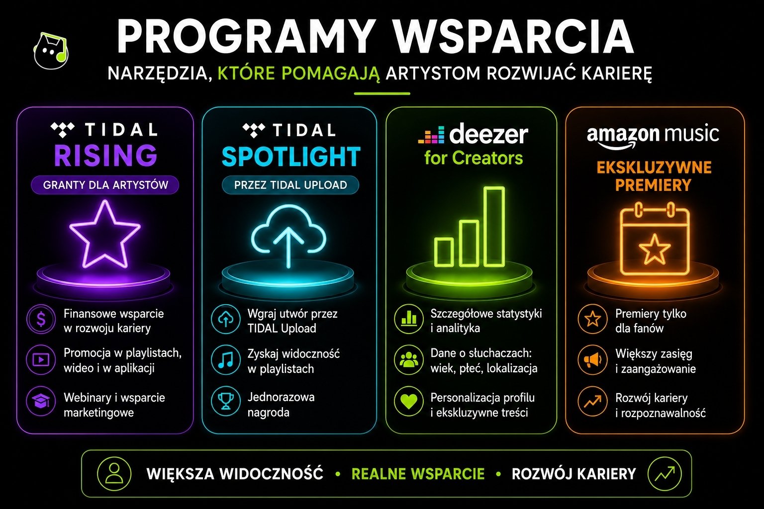Infografika przedstawiająca programy wsparcia oferowane przez platformy streamingowe dla niezależnych artystów. Pokazuje inicjatywy TIDAL Rising, TIDAL Spotlight, Deezer for Creators oraz Amazon Music, które oferują m.in. promocję, analitykę, wsparcie marketingowe, większą widoczność i możliwości rozwoju kariery muzycznej.
