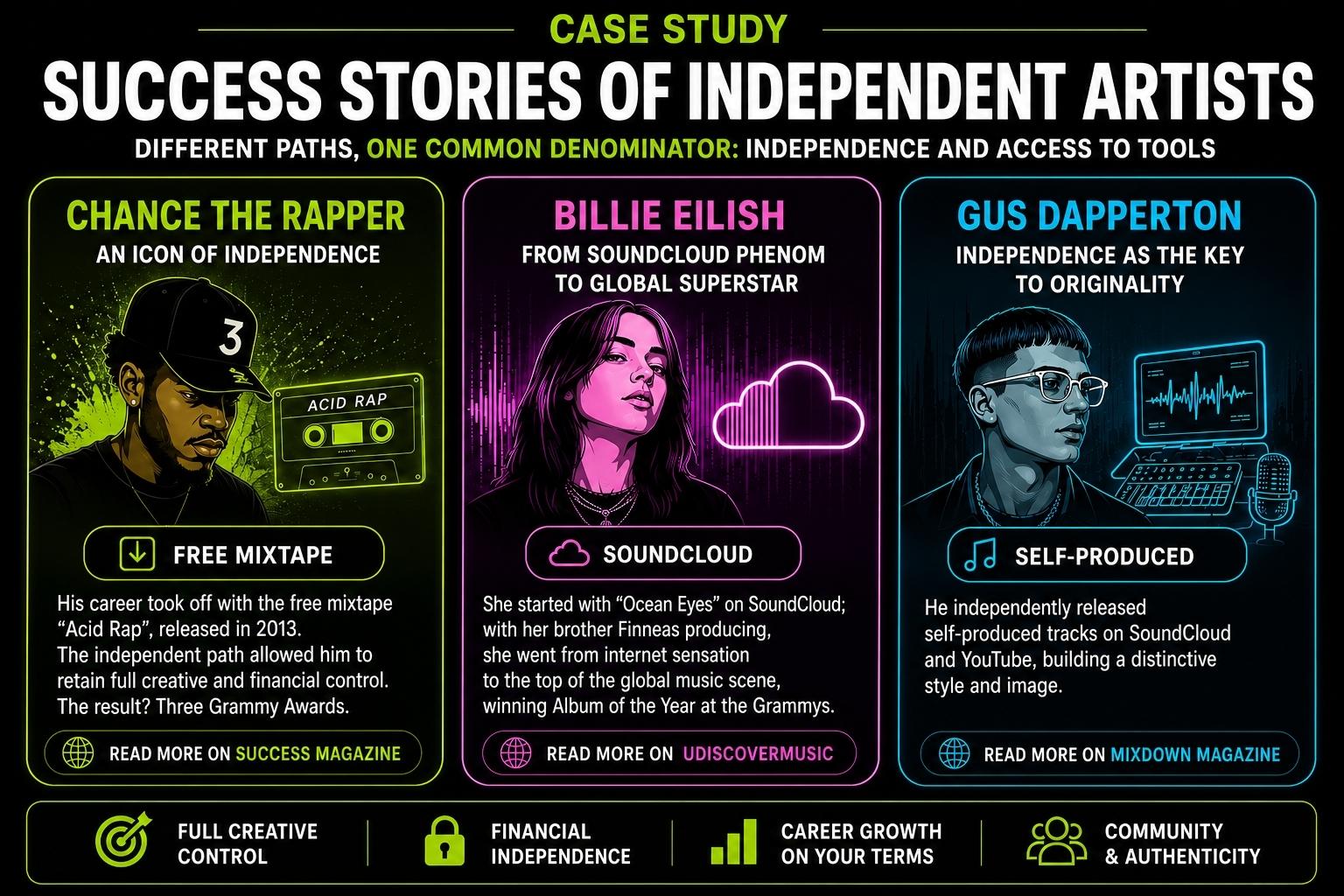Infographic showcasing the success stories of independent artists: Chance the Rapper, Billie Eilish, and Gus Dapperton. It illustrates how independent distribution, online platforms, and creative freedom helped them build international careers. The graphic emphasizes the importance of artistic independence, authenticity, and digital tools in music career development.