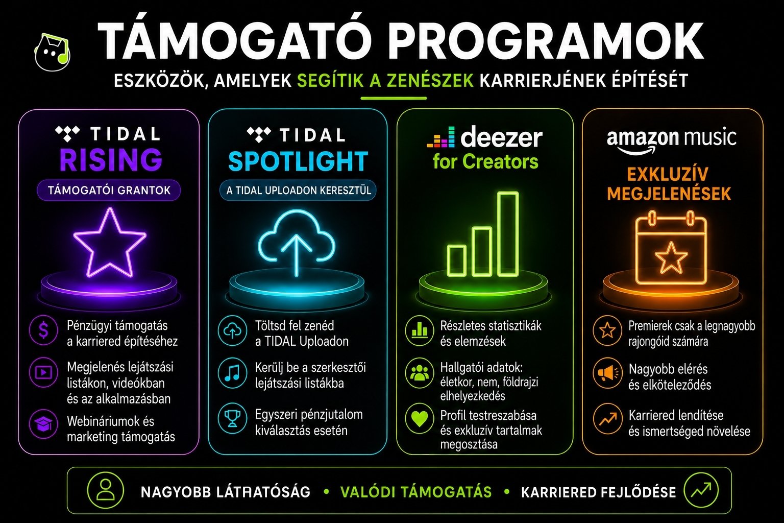 nfografika, amely bemutatja a vezető streamingplatformok független előadók számára kínált támogatási programjait. A grafika ismerteti a TIDAL Rising, a TIDAL Spotlight, a Deezer for Creators és az Amazon Music kezdeményezéseit, amelyek promóciót, elemzési eszközöket, marketingtámogatást, nagyobb láthatóságot és karrierfejlesztési lehetőségeket biztosítanak a zenészek számára.
