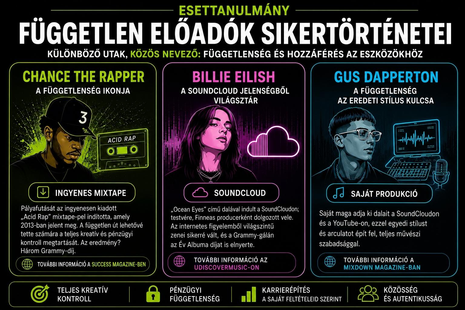 Infografika, amely független előadók sikertörténeteit mutatja be: Chance the Rapper, Billie Eilish és Gus Dapperton példáján keresztül. Bemutatja, hogyan építettek nemzetközi karriert a független zenei terjesztés, az online platformok és a teljes alkotói szabadság segítségével. A grafika kiemeli a művészi függetlenség, a hitelesség és a digitális eszközök szerepét a zenei karrier fejlődésében.