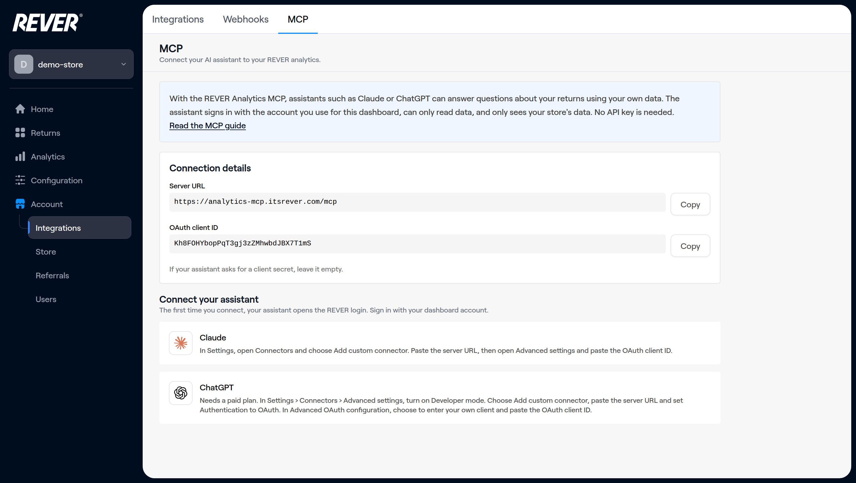 The MCP page in the REVER Dashboard, with the server URL, the OAuth client ID and setup steps for Claude and ChatGPT
