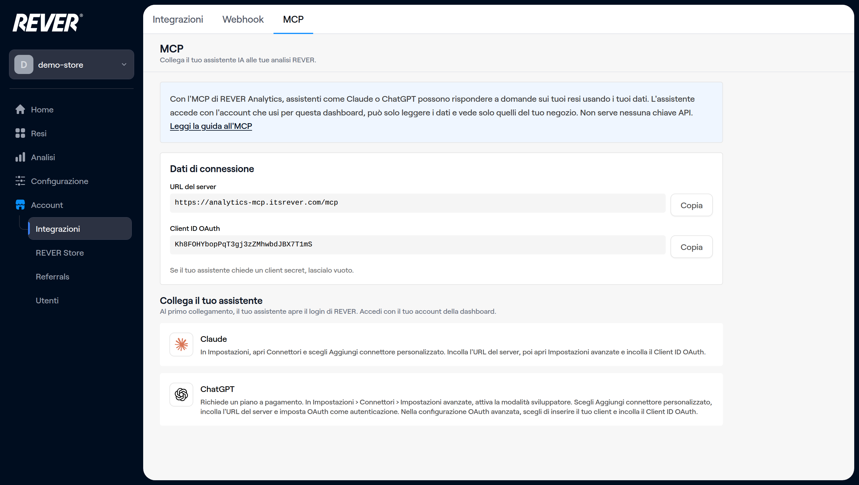 La pagina MCP della REVER Dashboard, con l'URL del server, l'OAuth client ID e i passaggi per Claude e ChatGPT