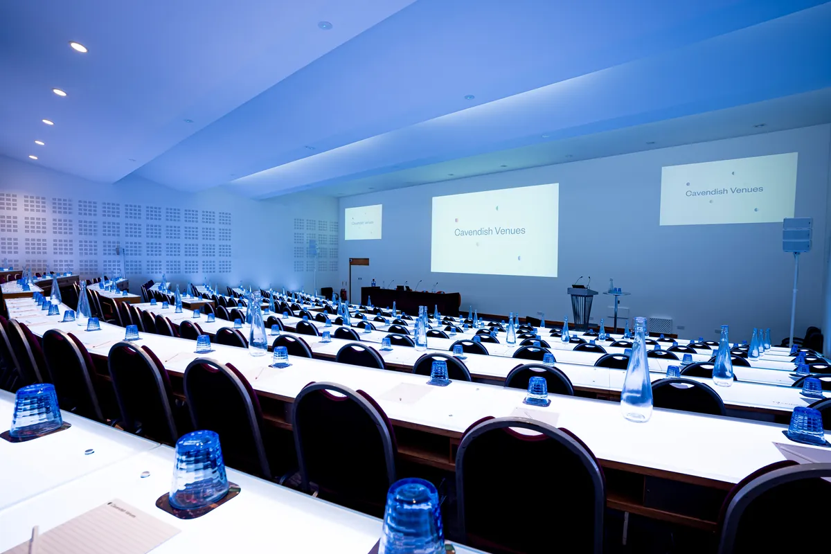 Academic conference venue set classroom-style at the Cavendish Conference Centre, London W1