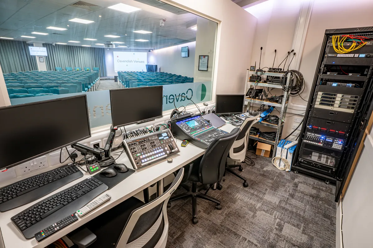 AV control deck streaming a hybrid event from One America Square, London EC3