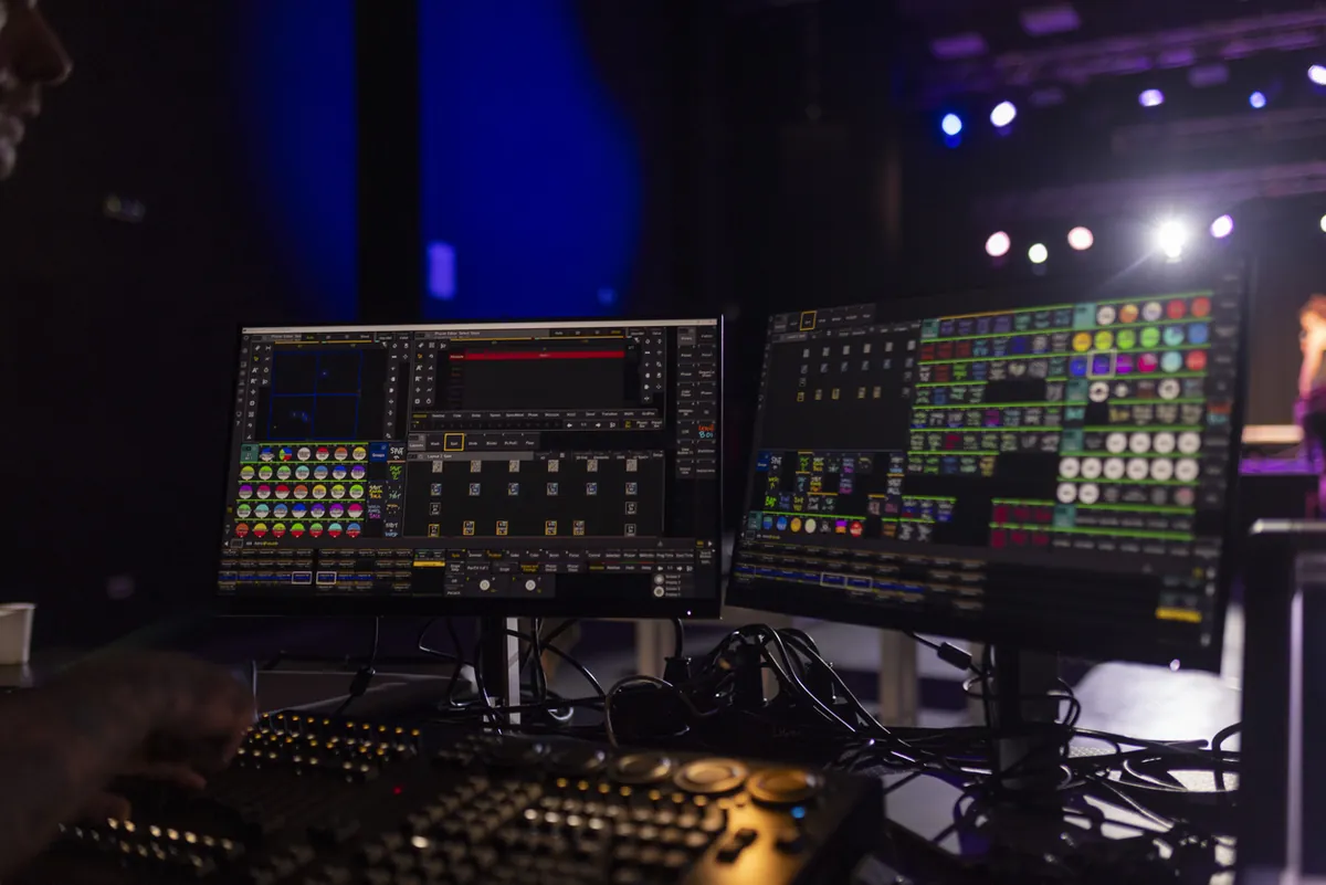 Lighting and sound desk supporting a video conference at a London venue