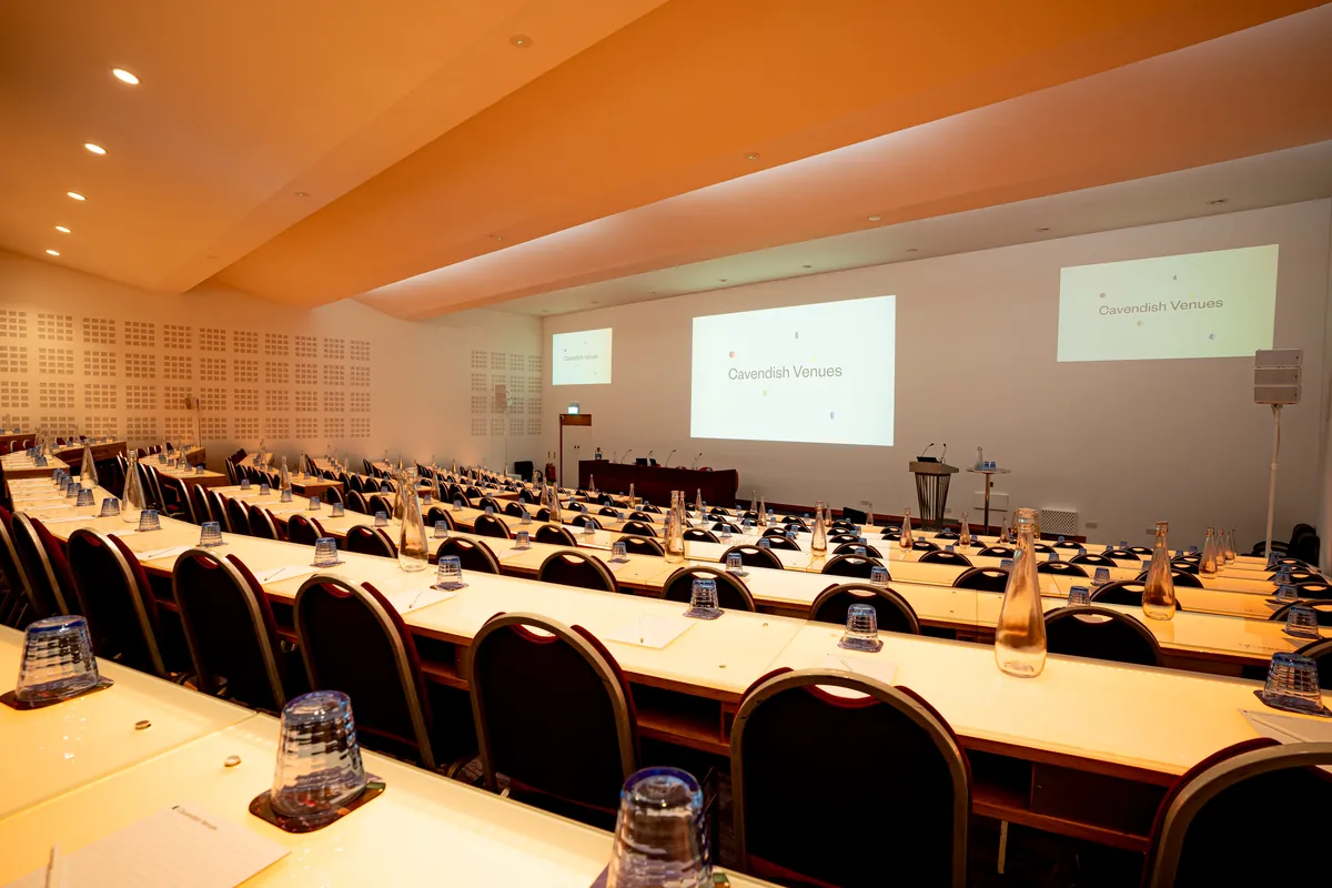 Lecture hall set classroom-style at the Cavendish Conference Centre, West End London W1