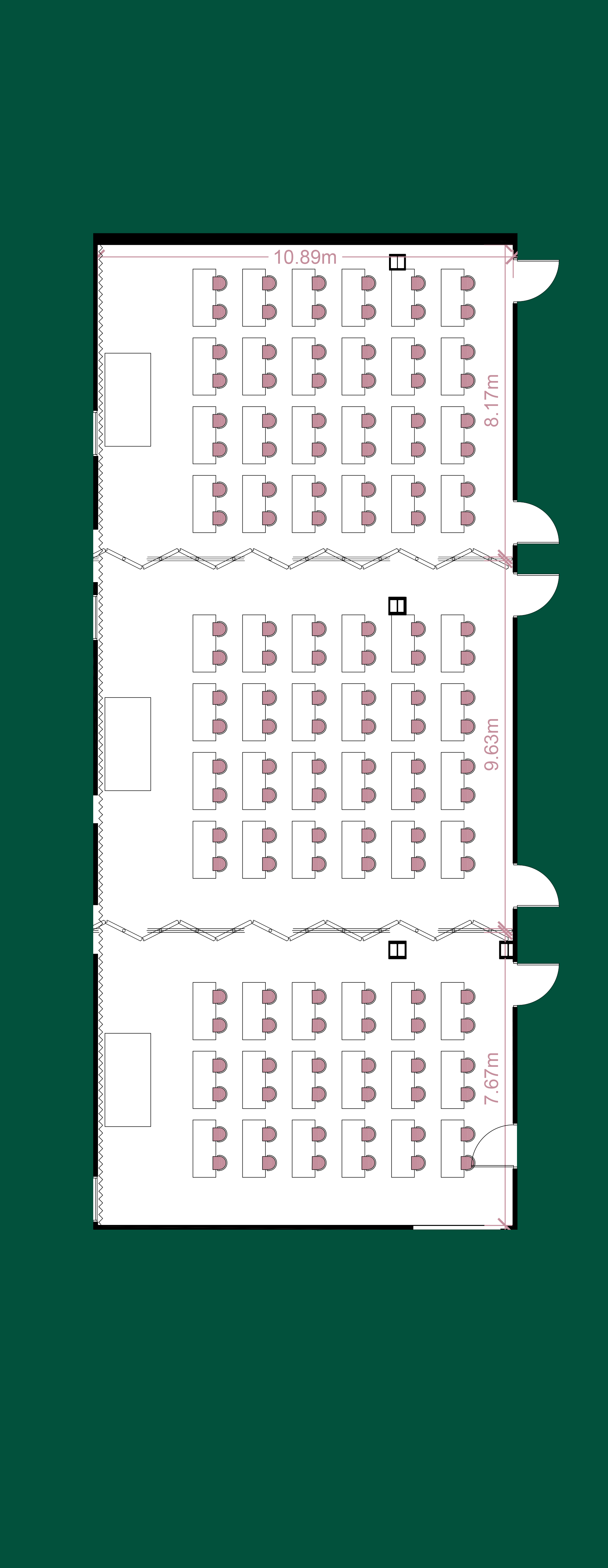 Floorplan of the auditorium at 1 Basinghall Avenue, divided into three separate rooms, set out classroom style