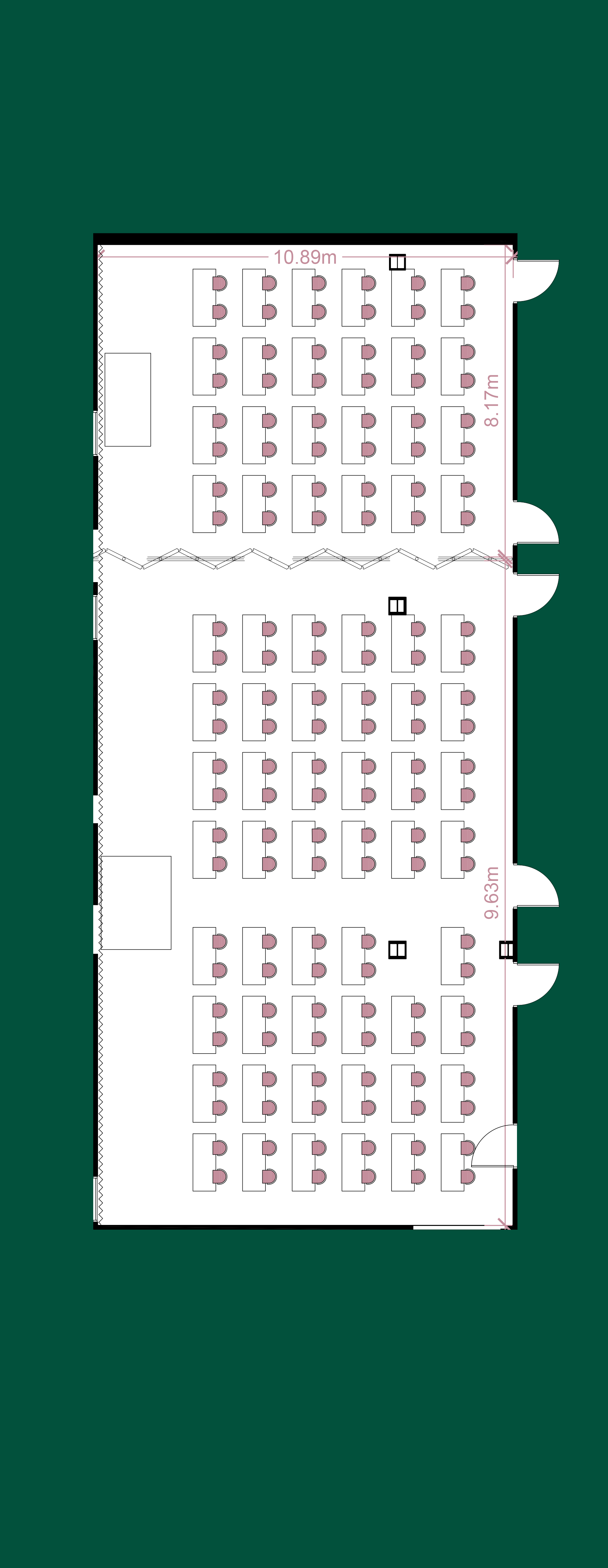 Floorplan of the auditorium at 1 Basinghall Avenue, with rooms 1 and 2 combined and room 3 separate, set out classroom style