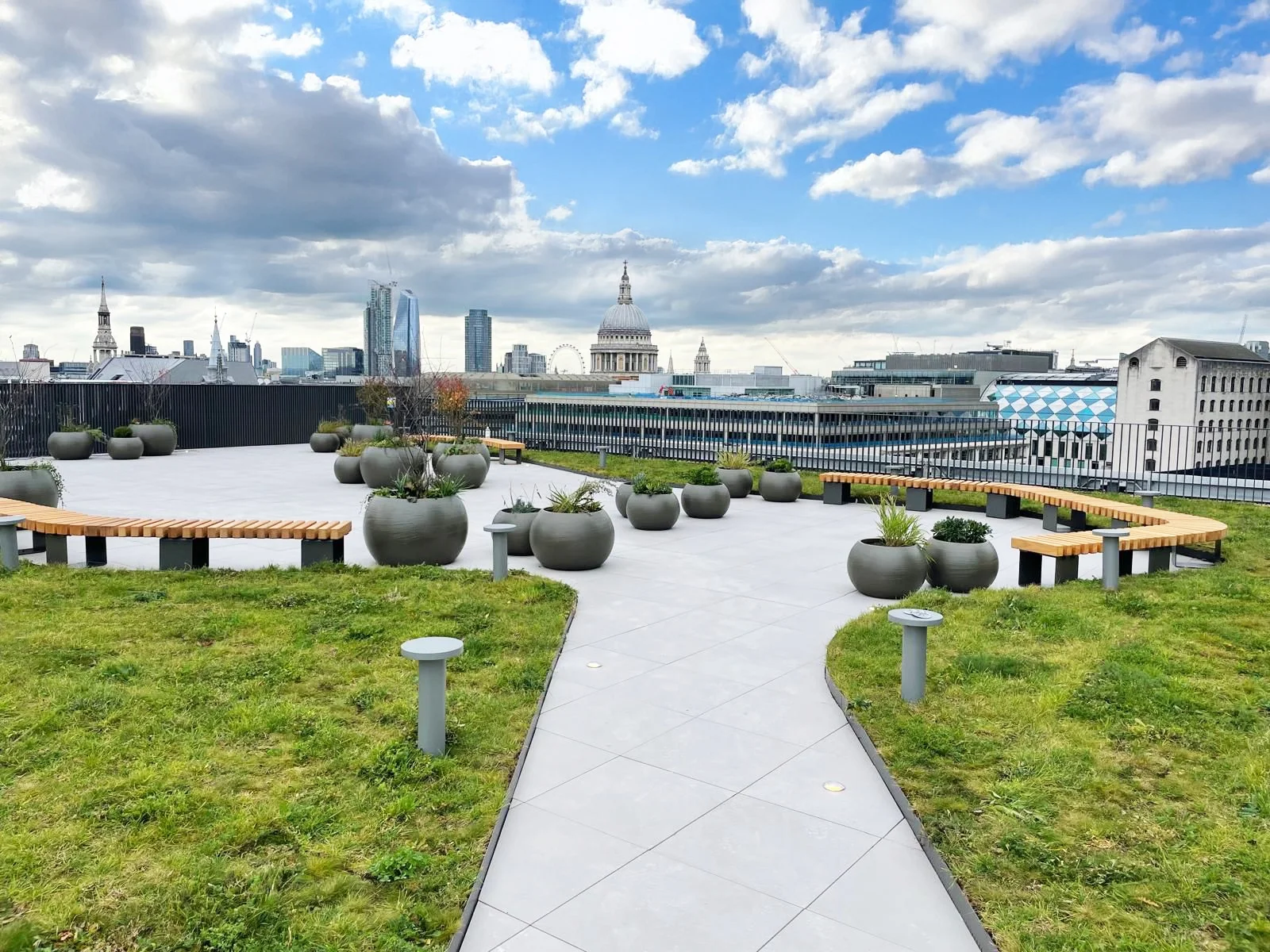 The roof terrace at 1 Basinghall Avenue, with a view across the City to St Paul's
