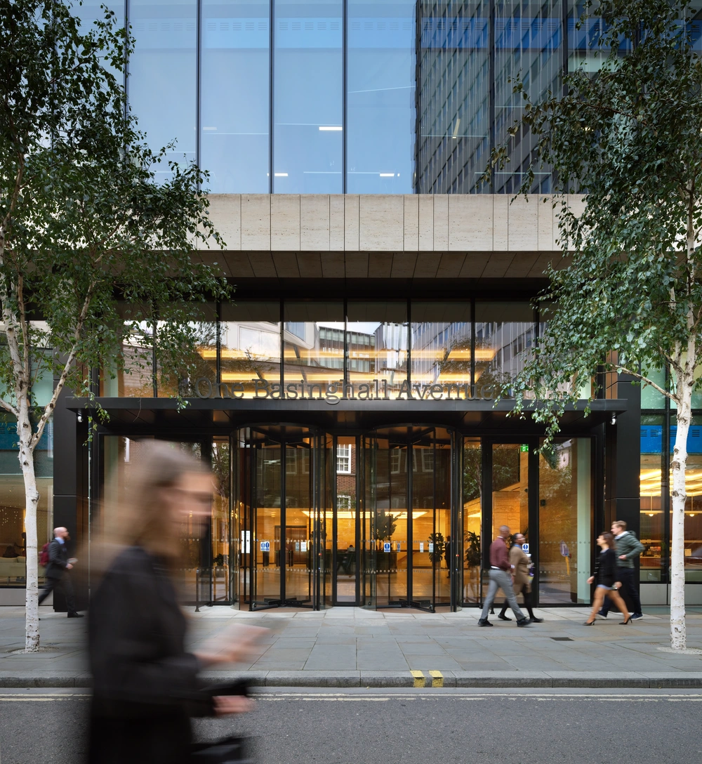 The exterior of 1 Basinghall Avenue at dusk, two minutes from Moorgate station